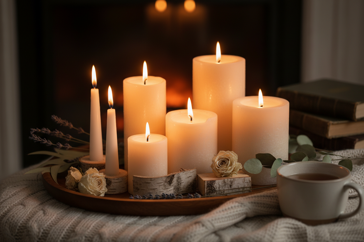 Candles in Glass and Concrete Vessels